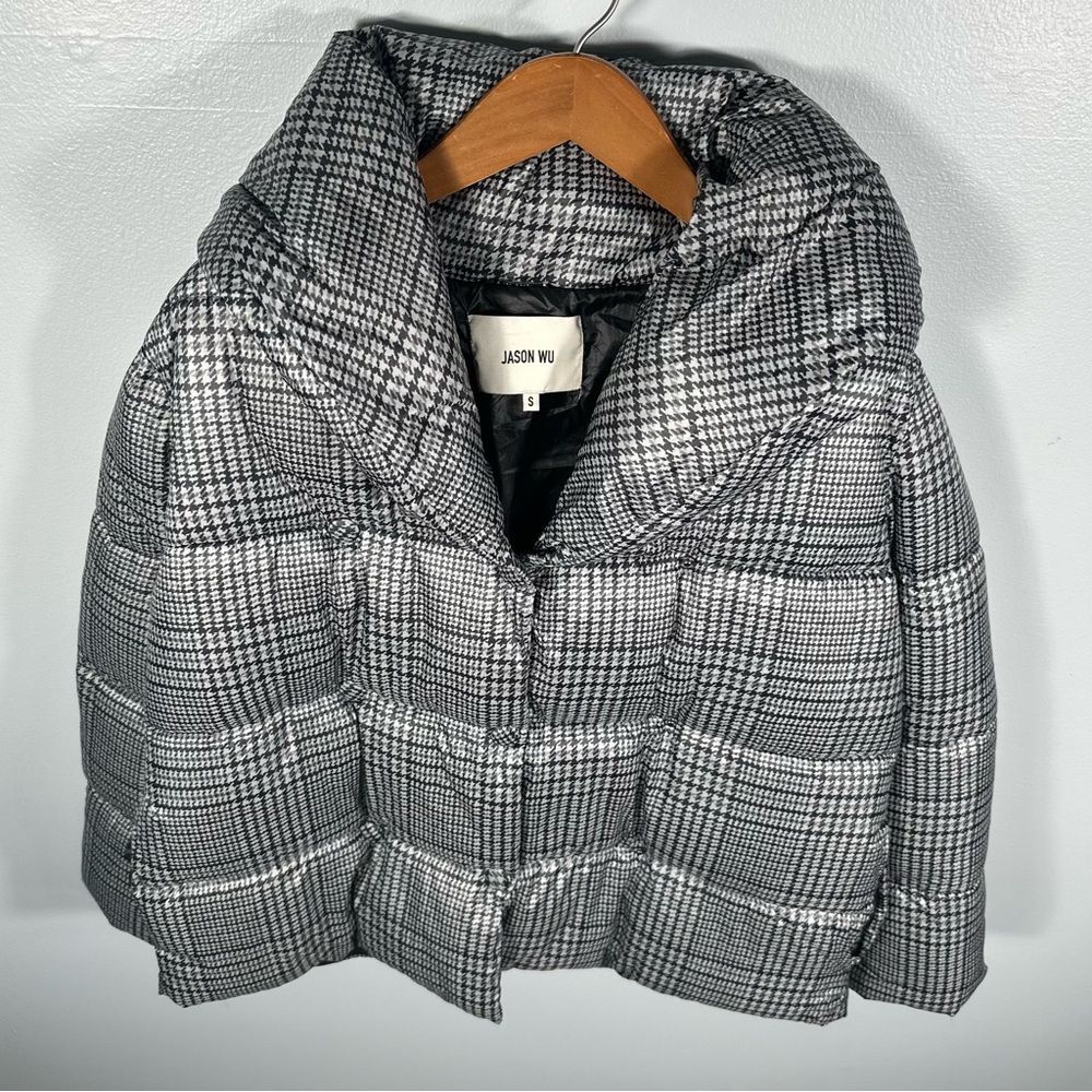 Jason Wu Grey Houndstooth Plaid Double Breasted Puffer Jacket Size Small Chic - Picture 14 of 15